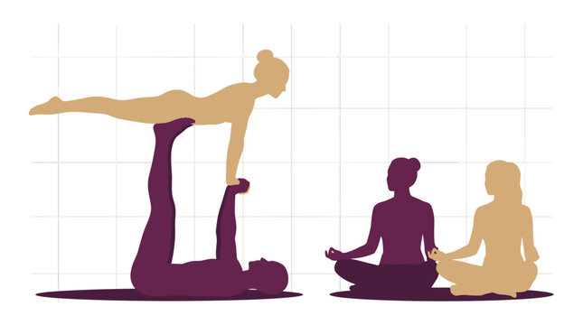 Acro Yoga and Meditation Vector Silhouette Illustration