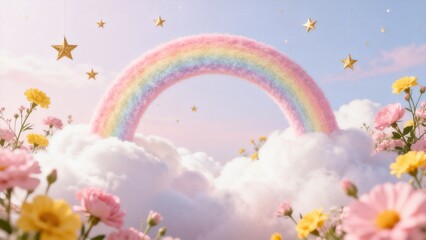 Fototapeta premium Rainbow in sky with flowers and stars