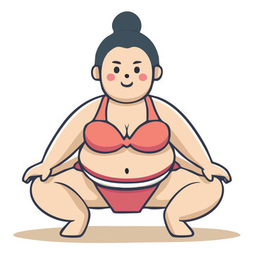 Woman in red bikini squatting, flat vector illustration