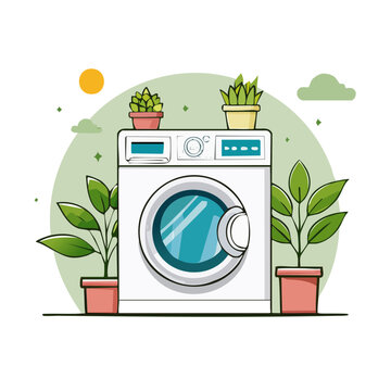 Washing machine with potted plants flat vector illustration
