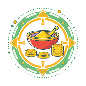 Alchemy Mortar and Pestle with Gold Coins Vector Illustration