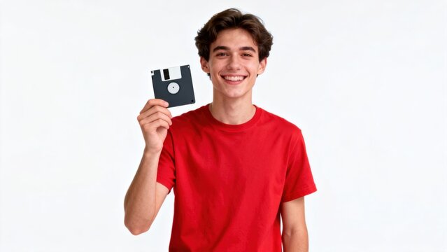Young man holding floppy disk