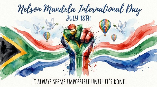 Nelson mandela international day watercolor illustration with south african flag