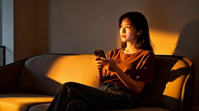 Woman sitting on couch using smartphone