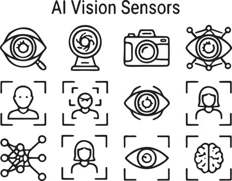 Computer Vision AI Outline Icons, Smart Camera, Face Detection, Eye Tracking, Neural Network and Biometric Scanner Vector Pack
