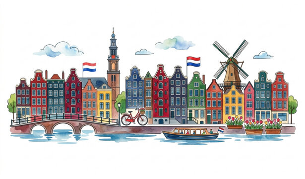 Watercolor Amsterdam canal landscape illustration with traditional colorful houses and historic windmill.