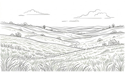 Fototapeta premium Hand drawn sketch of rolling hills landscape with rural fields and clouds in line art style
