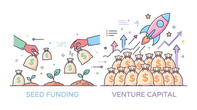 Startup funding and venture capital concept with rocket growth.