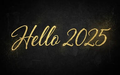 Fototapeta premium Golden text hello 2025 glowing on black textured background.
