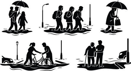 People navigating flooded city streets with umbrellas and assistance © MD. SOHAN MIA