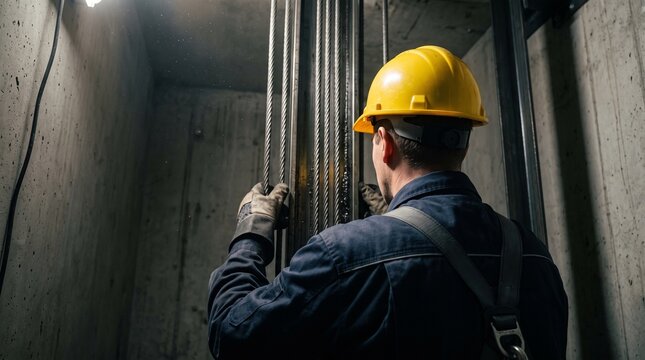 Back view of a professional elevator mechanic in a yellow hard hat inspecting steel cables inside a concrete shaft. Industrial maintenance and safety concept