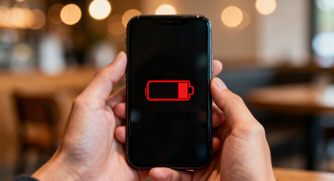 Low Battery Warning Display on Smartphone Screen Held in Hands