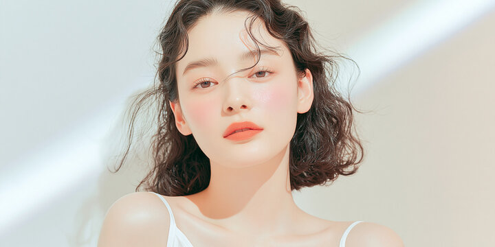 美容, 女性, スキンケア, 化粧品, ビューティー, 若い女性, 美肌, 日本人, アジア人, フェイシャル, メイク, 美容液, 保湿, クリーム, エイジングケア, 美容医療, エステ, 美容クリニック, 肌ケア, ナチュラルメイク, 透明感, ツヤ肌, モデル, 笑顔, ポートレート, クローズアップ, リラックス, 癒し, 健康的, 美白, コラーゲン, ヒアルロン酸, アンチエイジング