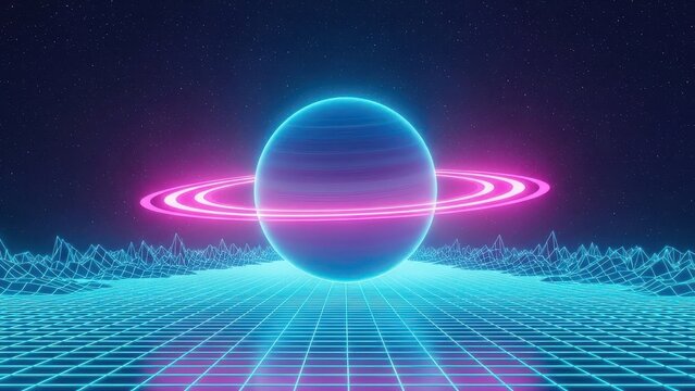 Neon planet with rings in cyberspace