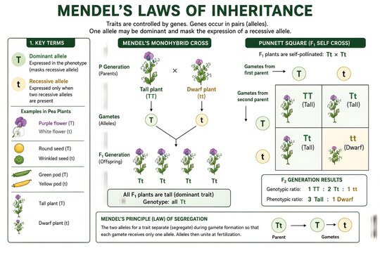 Educational Illustration of Mendelian Inheritance with Pea Plants