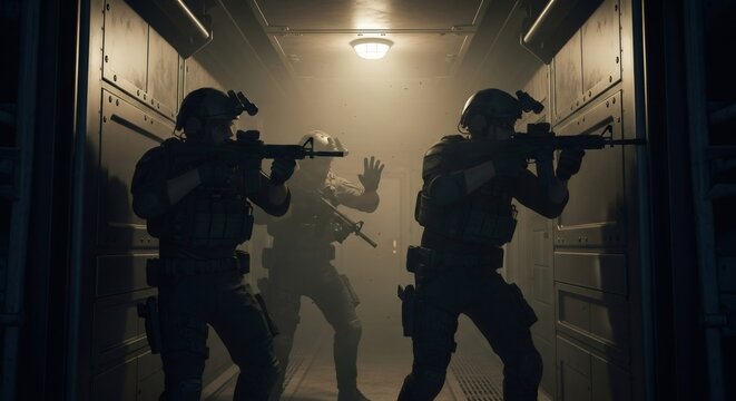 Soldiers in combat gear advancing through a dark corridor. Tactical military team with rifle performing a special operation. Modern warfare scene in industrial building environment.