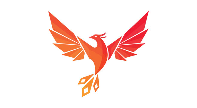 Vibrant orange and red phoenix bird icon with outstretched wings on white background, symbolizing rebirth and renewal