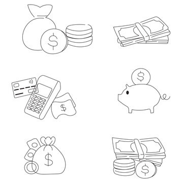 Set de dibujos iconos de dinero monedas y billetes