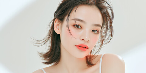 Fototapeta premium 美容, 女性, スキンケア, 化粧品, ビューティー, 若い女性, 美肌, 日本人, アジア人, フェイシャル, メイク, 美容液, 保湿, クリーム, エイジングケア, 美容医療, エステ, 美容クリニック, 肌ケア, ナチュラルメイク, 透明感, ツヤ肌, モデル, 笑顔, ポートレート, クローズアップ, リラックス, 癒し, 健康的, 美白, コラーゲン, ヒアルロン酸, アンチエイジング