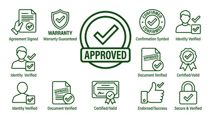 Approved, Verified, Certified Icons: Agreement, Warranty, Identity, Document, Success, Security © lobes