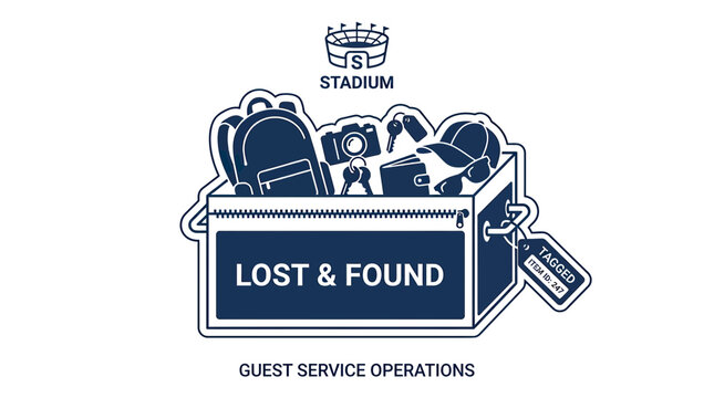 Lost and Found Box at Stadium: Backpack, Camera, Wallet, Keys, Cap