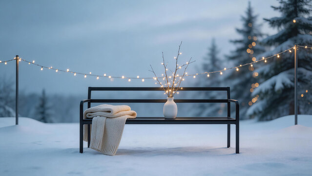 Snowy bench with lights and blanket