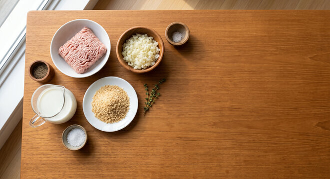 Top down view of Danish Frikadeller meatball ingredients on sleek teak wood