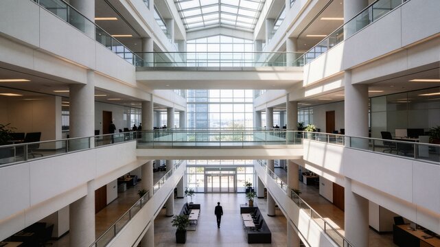 High angle view of businessman walking in large modern office atrium for corporate career journey scale and architectural background