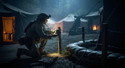 Fototapeta premium Soldier kneeling to set up communication device near barbed wire at night. Military base camp with tents in background. Strategic tactical operation in war zone during dark time.