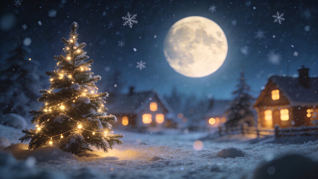 Snowy Christmas Tree Under Moonlight