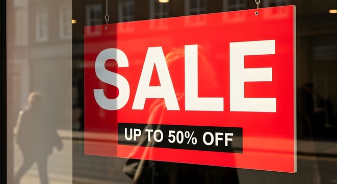 Red sale sign hanging in a shop window with text reading sale up to 50% off, promotional retail display for store clearance or seasonal discount event