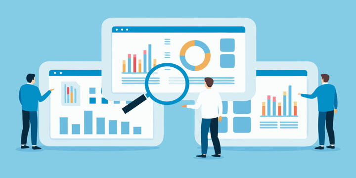 Data analysis illustration with charts graphs and magnifying glass