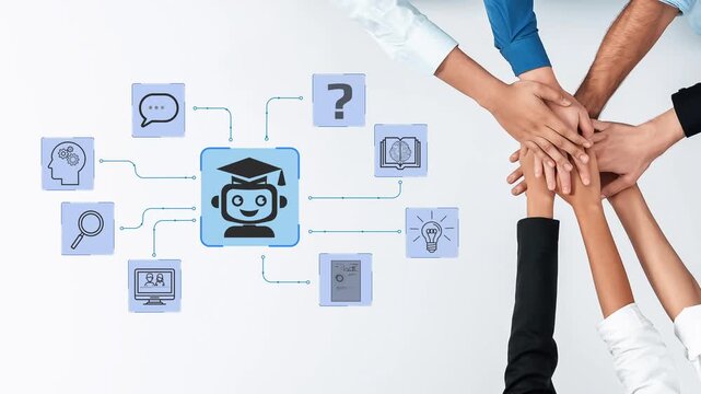 Collaborative Learning Environment Illustrating AI Tutor Concept with Diverse Hands Touching Together and Infographics Around a Central Robot Character. Entropy.