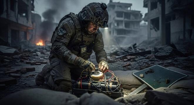 Bomb disposal expert man kneeling to defuse an explosive device in a ruined city. Military engineer working on a battlefield during a conflict. Dangerous task in a war zone area.