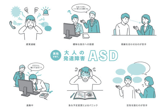 大人の発達障害（ASD）の男性の特徴・困りごとセットのイラスト