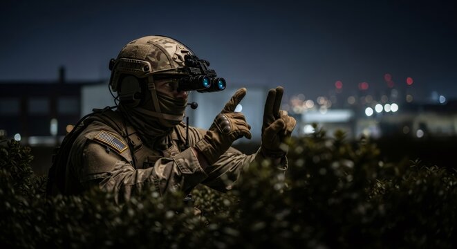 Soldier wearing night vision goggle and helmet using hand signal during night operation. Military scout camouflaged in tactical uniform. Surveillance, conflict and special defense mission.