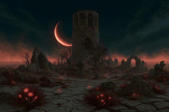 halloween night scene with tower and moon