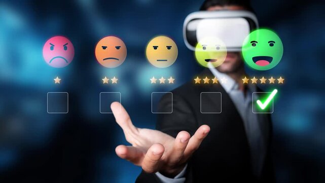 A businessman wearing virtual reality glasses engages in evaluating user experience. Feedback icons and a positive emotion symbol indicate satisfaction in a modern digital landscape. Raster