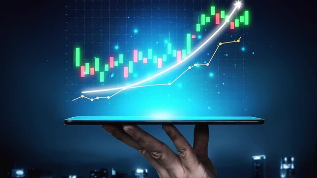 A hand elegantly holds a tablet displaying a vibrant financial chart depicting a soaring growth trend. This image conveys innovation and success in business strategy and finance analysis. Copula
