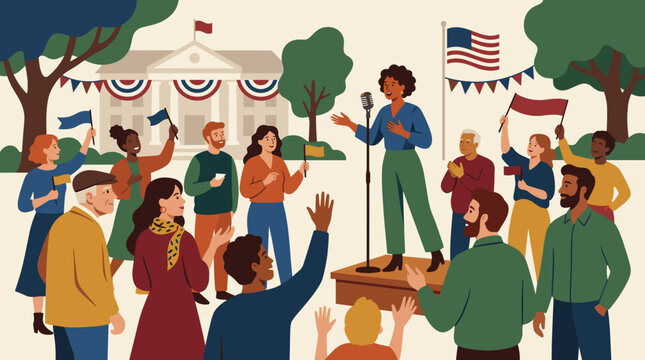 Diverse crowd gathers to listen to a speaker on a podium with american flags and bunting in the background symbolizing citizenship
