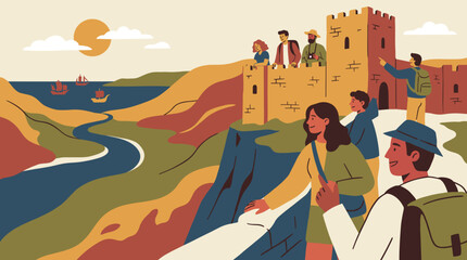 Fototapeta premium Tourists explore ancient fortress by serene river landscape