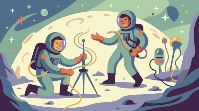 Astronauts deploying equipment on moon surface with planet background