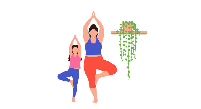 Mother and daughter practicing yoga tree pose together indoors.