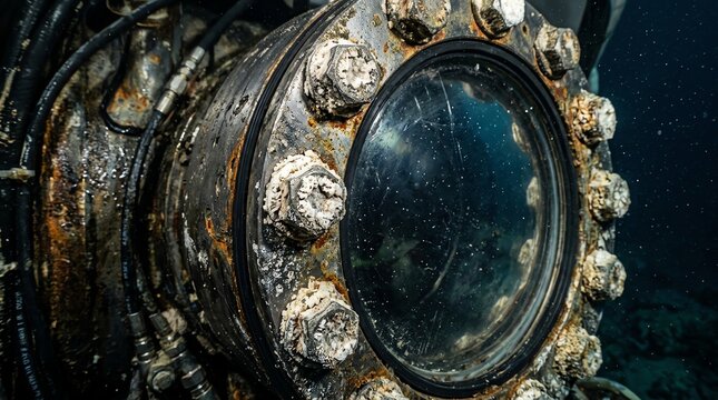Close-up of a vintage submarine periscope with corrosion and marine growth.