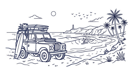 Obraz premium A rugged car with a surfboard on its roof rack drives along a scenic beach road lined with palm trees and sandy dunes.