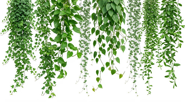 Lush green ivy arch and hanging climbing plants isolated on a white background.