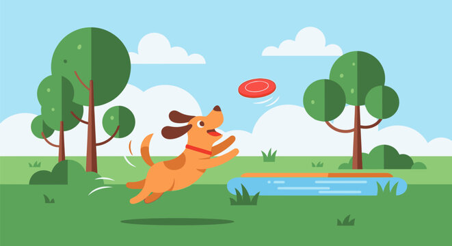 Dog jumping to catch frisbee in park with trees and pond nearby