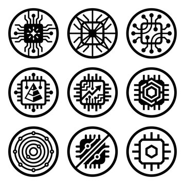 Circuit board icons with symbols.