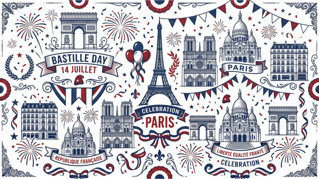 Creative Paris doodle composition for Bastille Day projects