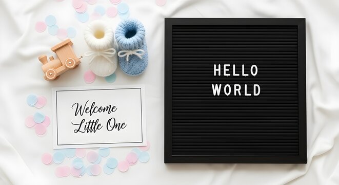 Baby announcement concept with a letter board saying hello world, a welcome little one card, a wooden toy train, and baby booties on a white fabric background with colorful confetti